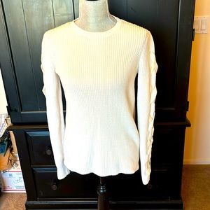 Lauren/RL Cotton Cream Sweater with unique ribbon trim on sleeves. EUC. Size S.